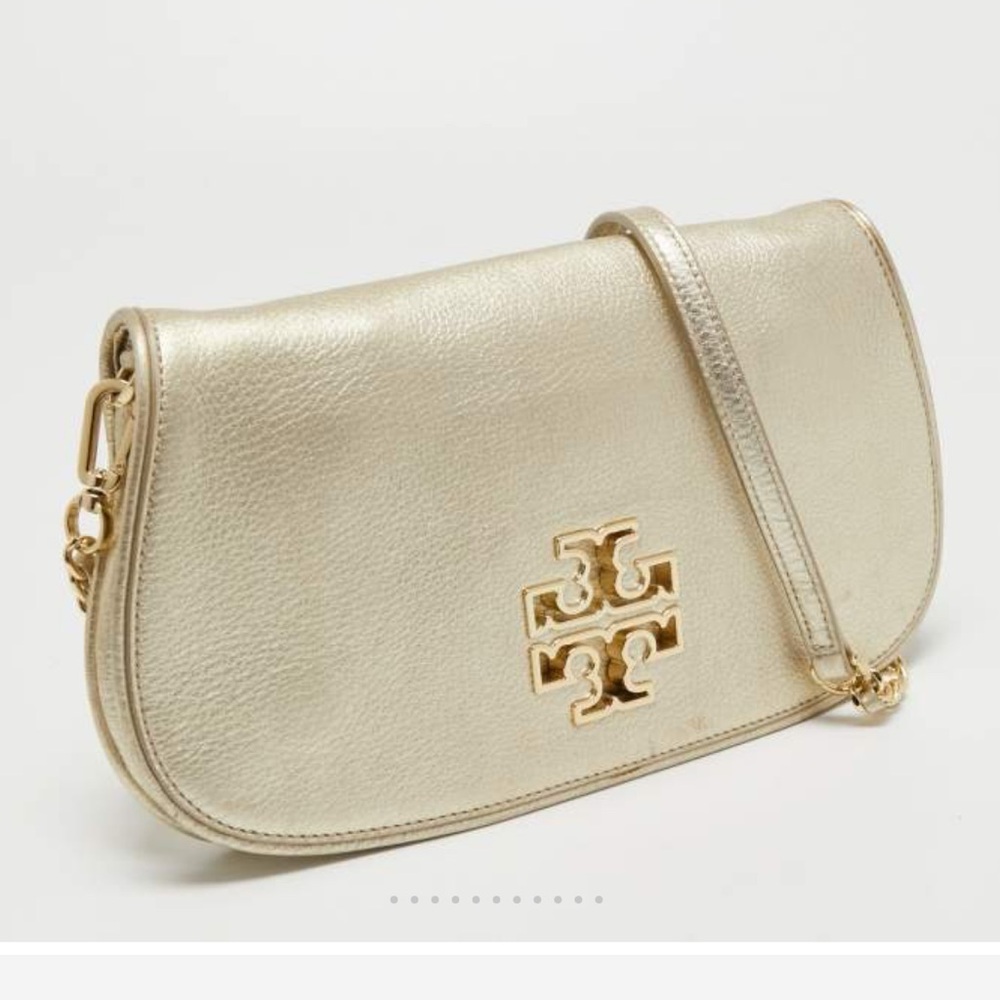 Tory Burch Metallic Gold Britten Leather Clutch